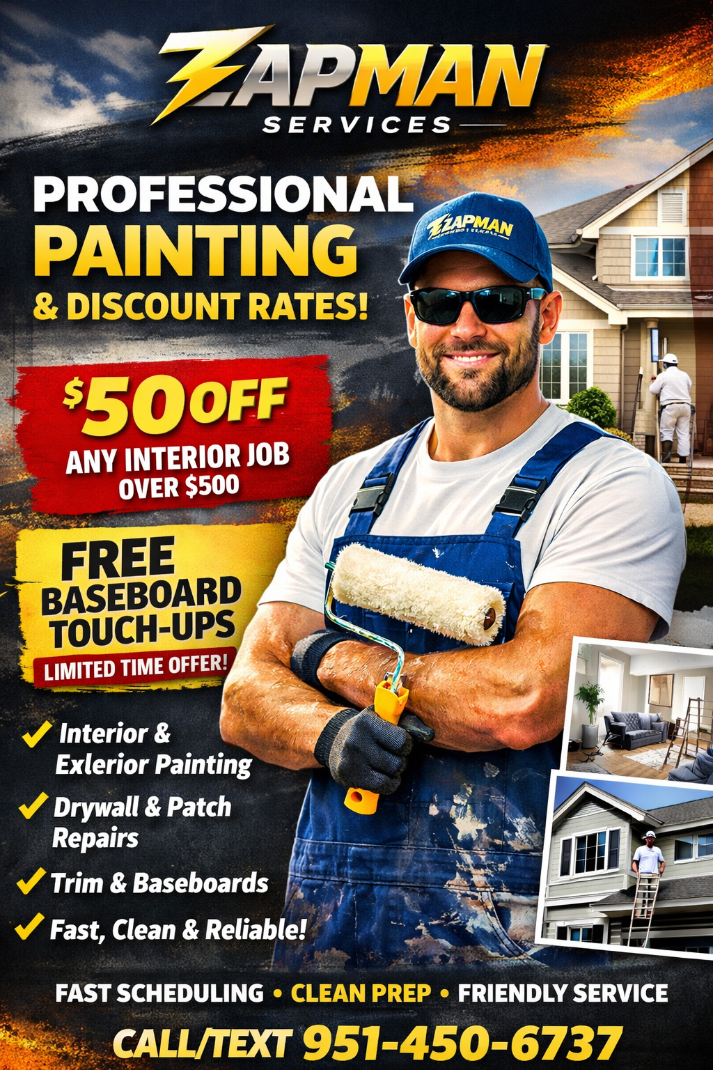 ZapMan Professional Painting Services - $50 OFF interior jobs over $500, free baseboard touch-ups, interior and exterior painting, drywall and patch repairs, trim and baseboards